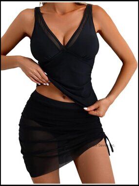 Two Piece Tankini Swimsuits Tummy Control Plus Size V Neck Swim Skirt Sarong
